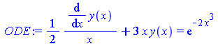 `+`(`/`(`*`(`/`(1, 2), `*`(diff(y(x), x))), `*`(x)), `*`(3, `*`(x, `*`(y(x))))) = exp(`+`(`-`(`*`(2, `*`(`^`(x, 3))))))