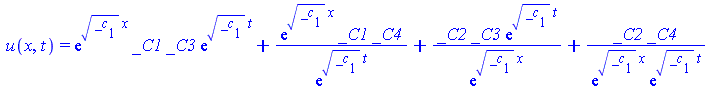 u(x, t) = `+`(`*`(exp(`*`(sqrt(_c[1]), `*`(x))), `*`(_C1, `*`(_C3, `*`(exp(`*`(sqrt(_c[1]), `*`(t))))))), `/`(`*`(exp(`*`(sqrt(_c[1]), `*`(x))), `*`(_C1, `*`(_C4))), `*`(exp(`*`(sqrt(_c[1]), `*`(t))))...