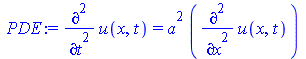 diff(diff(u(x, t), t), t) = `*`(`^`(a, 2), `*`(diff(diff(u(x, t), x), x)))