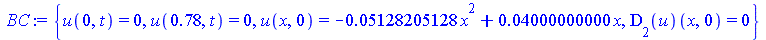 {u(0, t) = 0, u(.78, t) = 0, u(x, 0) = `+`(`-`(`*`(0.5128205128e-1, `*`(`^`(x, 2)))), `*`(0.4000000000e-1, `*`(x))), (D[2](u))(x, 0) = 0}