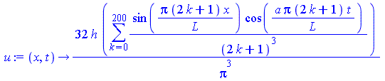 proc (x, t) options operator, arrow; `+`(`/`(`*`(32, `*`(h, `*`(sum(`/`(`*`(sin(`/`(`*`(Pi, `*`(`+`(`*`(2, `*`(k)), 1), `*`(x))), `*`(L))), `*`(cos(`/`(`*`(a, `*`(Pi, `*`(`+`(`*`(2, `*`(k)), 1), `*`(t...
