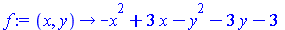 proc (x, y) options operator, arrow; `+`(`-`(`*`(`^`(x, 2))), `*`(3, `*`(x)), `-`(`*`(`^`(y, 2))), `-`(`*`(3, `*`(y))), `-`(3)) end proc