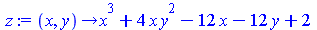 proc (x, y) options operator, arrow; `+`(`*`(`^`(x, 3)), `*`(4, `*`(x, `*`(`^`(y, 2)))), `-`(`*`(12, `*`(x))), `-`(`*`(12, `*`(y))), 2) end proc